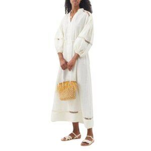 Boteh Ismena Linen Maxi Dress Womens 4 XL Cream Ivory Linen V-Neck Long Sleeve